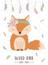 ÃÂ¡ollection of hand-drawn boho cute fox with words Wild one.